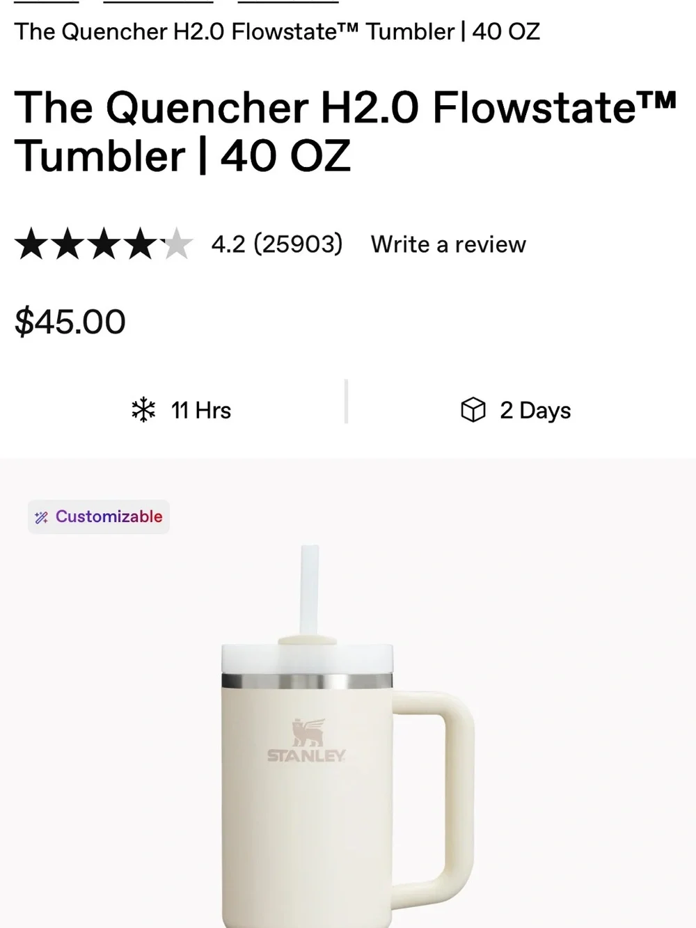 Stanley Cream Insulated Travel Tumbler with Handle and Straw